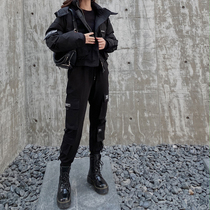 Black high-waisted spring handsome lady bunched feet small man plus velvet overalls women thin waist autumn and winter tide