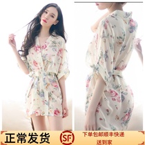 Nightdress womens summer style ice silk thin cardigan can be worn outside High-quality chiffon dress nightgown Japanese style sexy pajamas