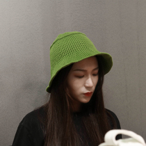 Hat womens autumn and winter solid color wild crimped green knitted wool hat Japanese warm basin hat niche fisherman hat