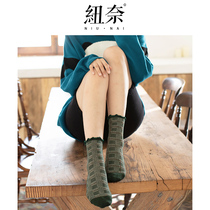 Nunai socks Womens Mid-line socks Plaid retro Japanese spring and autumn thin line socks trend autumn pile socks