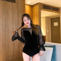 Swimsuit women cover belly thin sexy 2020 new long sleeve sunscreen conservative hot spring Black perspective swimsuit