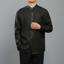 Baifulong high-grade Xiangyun yarn mens Tang dress stand-up collar shirt Chinese style spring new mens silk long-sleeved shirt