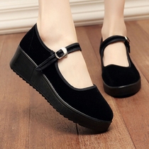 Old Beijing cloth shoes womens single shoes muffin thick soles flat bottom shallow hotel work shoes dance shoes slope heel black cloth shoes