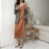 JSTYLE real shot Korean chic Earth orange color knock white beautiful simple design solid color sling dress female