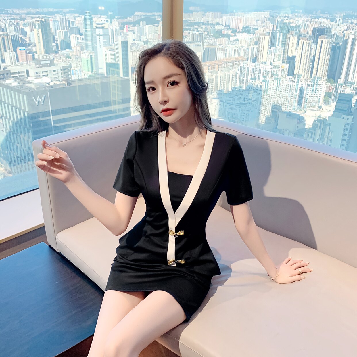 实拍新款控3性感夜店足浴酒吧制服连衣裙两件套工装