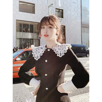 Retro elegant lace splicing flip collar one-piece dress (5 folded seconds to kill)