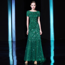 Europe and the United States high-end custom word shoulder banquet evening dress female 2021 new summer noble elegant host long section