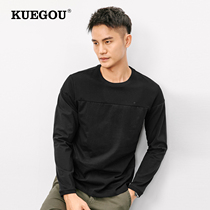 Kuegou man long sleeve T-shirt mens clothing spring minimalist embroidery splicing black Compassionate Tide Clothes 88043