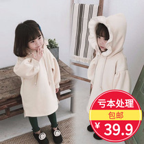 Korean girl long sweater 2020 new padded velvet cotton baby autumn and winter dress Childrens Hooded