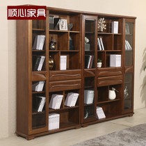 Solid wood bookcase with door combination Three-door two-door full walnut bookcase bookcase bookcase bookcase Glass modern Chinese furniture