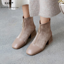 2021 New with thick heel short boots women autumn and winter handsome Martin boots women stitching boots leather apricot versatile