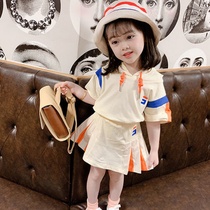 Childrens clothing girl Korean hooded sports suit 2021 summer new childrens college style short sleeve skirt set tide