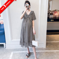 Pregnant women dress summer hot mom tide fashion chiffon V-collar long knee late pregnancy summer design feeling maternity dress