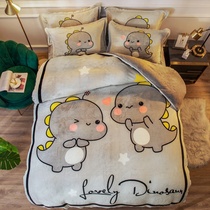 Thickened cartoon coral fleece bed four-piece childrens milk flannel bed sheet kindergarten quilt cover three-piece winter