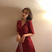 Red polka dot dress female summer new Zhixun French sweet bellflower skirt temperament waist thin princess skirt