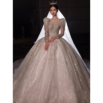 Long-sleeved wedding dress 2022 new bride small French main yarn heavy industry luxury court style big trailing light winter