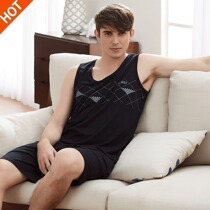 Chi Ruis Home Suits Mens Summer Black White Round Collar Vest Shorts Suit Thin and Modale Daddy Sleepwear Big Code