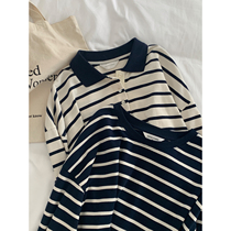(JUSLIN) exclusive custom dyed fabric color striped long sleeve polo neck T-shirt
