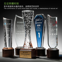 High-grade crystal trophy custom solid wood trophy bubble excellent staff medal custom lettering glass souvenir