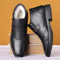 Mens leather shoes 2021 winter new velvet cotton shoes black all-match business casual wool warm mens cotton leather shoes