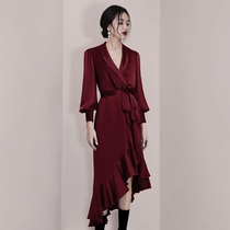 Thailand tide brand wine red socialite temperament womens V-neck design sense lace-up irregular ruffle dress autumn