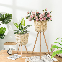 Nordic style floor-to-ceiling grass woven flower pots Hand-woven flower baskets decorative ornaments Living room simulation flower pots flower arrangement rack