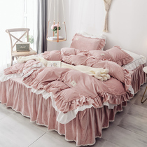 Princess style crystal velvet four-piece girl quilt cover bed skirt warm double-sided coral velvet flannel bed ruffle