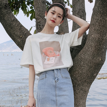 ins ultra fire pure cotton printed t-shirt woman 2022 Summer new loose design feeling small and short sleeve white compassionate