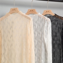 Foreign bubble lace base shirt womens mesh mesh with slim long-sleeved sexy hollow semi-high collar very fairy top