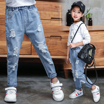 Girls hole jeans Spring and Autumn New 12 Chinese long pants Korean version of 15-year-old girl casual leggings