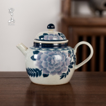 Jingdezhen antique hand-painted blue and white ceramic teapot colorful peony Chinese teapot kung fu tea set hand-painted bubble teapot