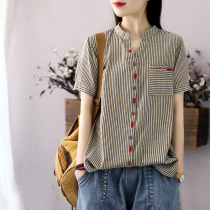 Han Soyi Retro Art Summer New Womens Slim Fit Slim Fit Slim Cotton Linen Shirt Woman Short Sleeve