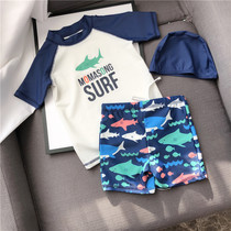 Childrens swimsuit Boys swimming trunks set Boys split small medium and large childrens color shark bathing suit Baby free hat