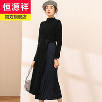 Hengyuanxiang spring and Autumn long cardigan womens dress stitching pleated skirt semi-turtleneck sweater slim sweater