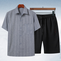 Summer cotton middle old man short sleeve shirt suit summer dress daddy shirt grandpa clothes 5-point pants wear outside