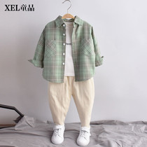 Childrens summer clothes boys shirts 2021 spring and autumn new shirts pure cotton brushed baby plaid top jacket foreign style