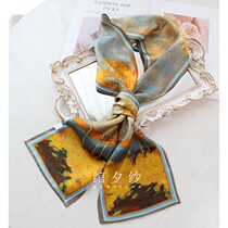 Hope field oil painting wind double-layer silk streamer 100% mulberry silk scarf small scarf head scarf Lady autumn and winter
