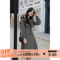 Again Alley Broken Flowers Long Sleeves Dress Woman 2021 new fall retro dresses V collar Waist Temperament Long Dress