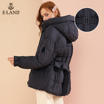ELAND clothes winter detachable belt waist slim simple solid color hooded cotton jacket women