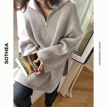 SOTHEA autumn and winter new large profile sheep hair zipper turtleneck sweater