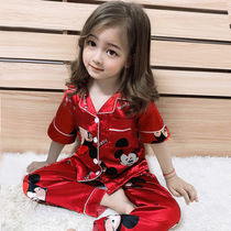 Kids Pajamas Spring Summer Thin Ice Silk Short Sleeve Pants Girls Cute Super Red New Year Home Clothing