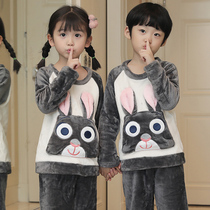 Autumn and winter childrens pajamas flannel boys and girls coral velvet Children Baby pullover thick home clothing set