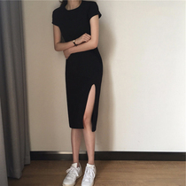 2021 new summer new Hepburn style retro sexy split mid-length dress slim slim small black skirt