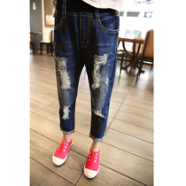 Girls jeans 2021 autumn new spring and autumn Korean version of the big child casual Western style loose hole beggar pants