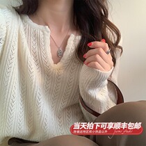 Mustard homemade hollow knitwear womens 2021 spring and autumn new short section inside the lazy loose outside wear v-neck sweater