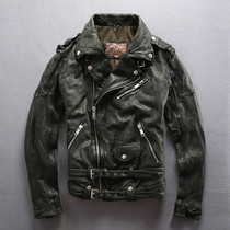 Mens leather leather jacket with zippered zippered leather jacket lapel double belt pleated motorcycle jacket