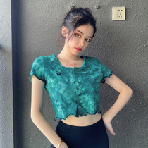 European and American ins gradient tie-dyed butterfly small logo wooden ear slim high waist short cardigan short sleeve T-shirt female summer