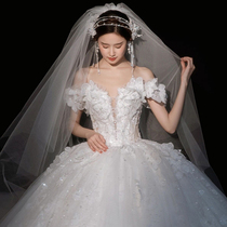 One-shoulder wedding dress 2022 new bride main veil high-quality drag-tailed dress retro heavy work luxury winter