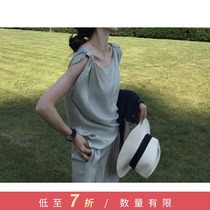 LICKYSENIOR Pearl Gloss 1oo%acetate Natural Pleated Sleeveless Shirt Goddess Wide Leg Trouser Suit