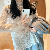 Spring and autumn new foreign style lace base shirt womens semi-high collar inner tie small shirt long sleeve mesh openwork beauty body top